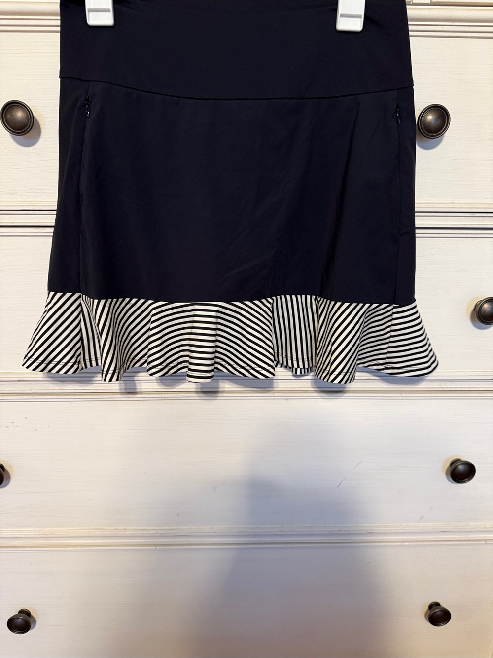 Kinona Black Mini Skirt with Black-and-White Striped Ruffle Hem